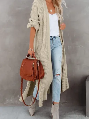 Beige Chunky Knit Open Front Duster Cardigan with Side Slits