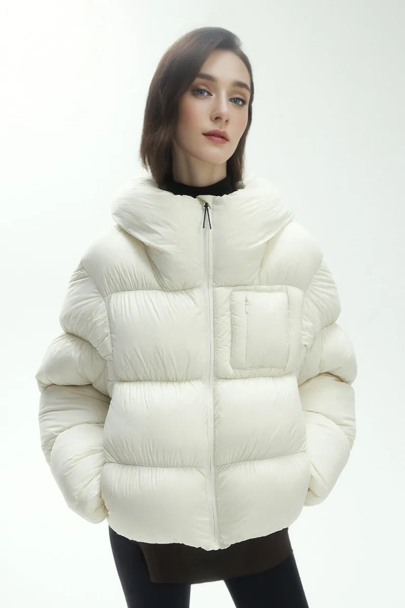 Black Hooded Cropped Lightweight Puffer Jacket with Cute Pocket