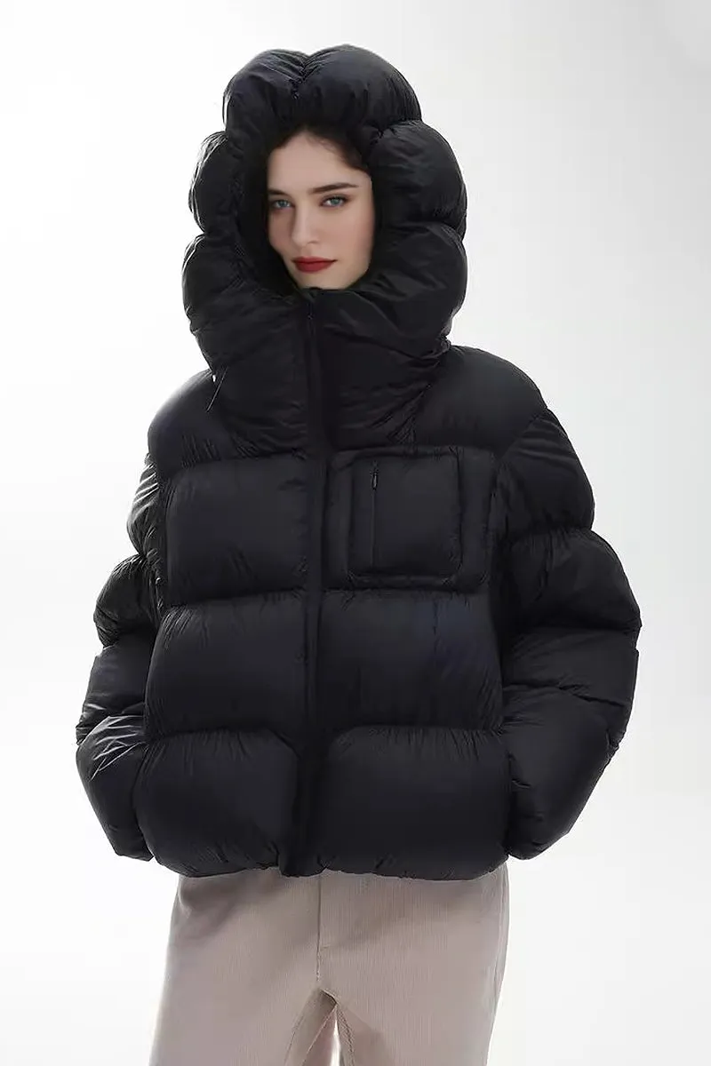 Black Hooded Cropped Lightweight Puffer Jacket with Cute Pocket