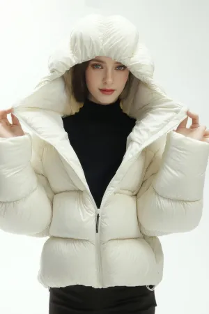 Black Hooded Cropped Lightweight Puffer Jacket with Cute Pocket