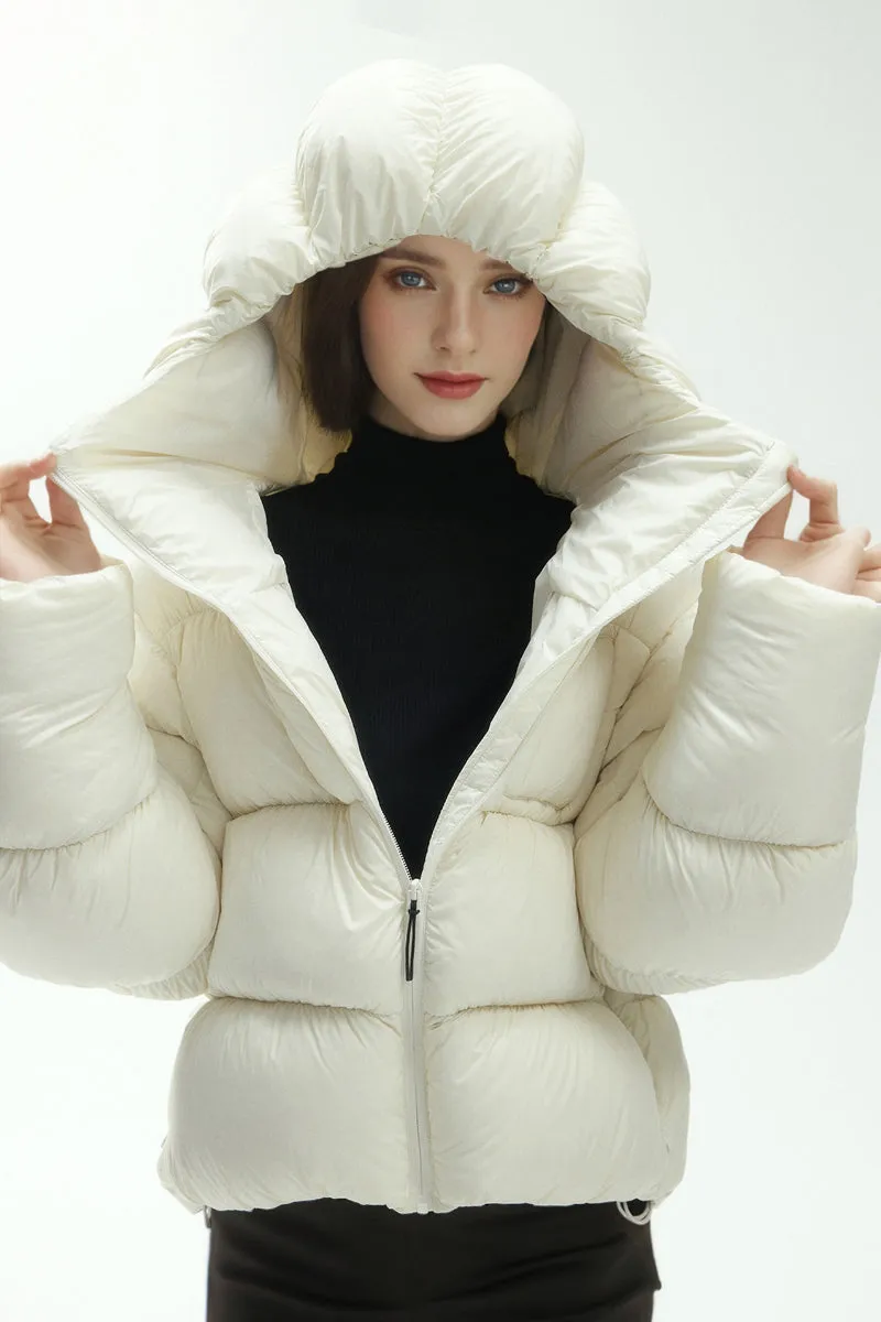 Black Hooded Cropped Lightweight Puffer Jacket with Cute Pocket