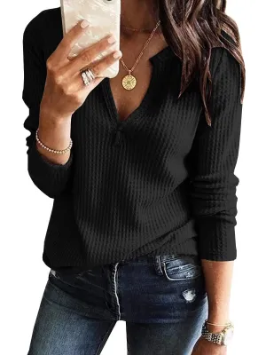 Black Women's V Neck Waffle Knit Henley Tops Casual Long Sleeve Pullover Sweater Blouses - Farktop