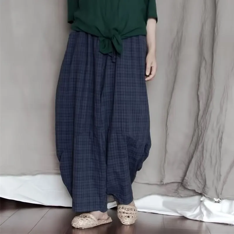 Blue Plaid Cotton Linen Pants | Lotus