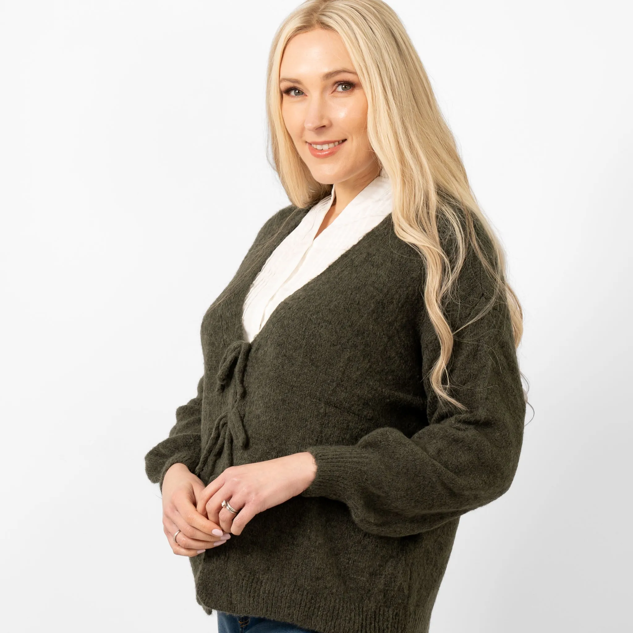Cassidy Tie Front Wool Blend Cardigan - Khaki