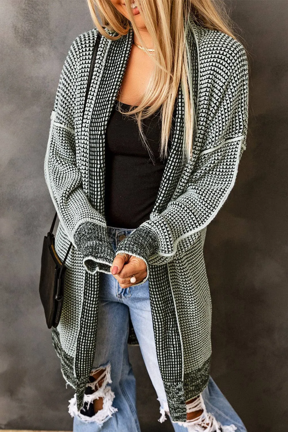Casual Plaid Knitted Long Open Front Cardigan