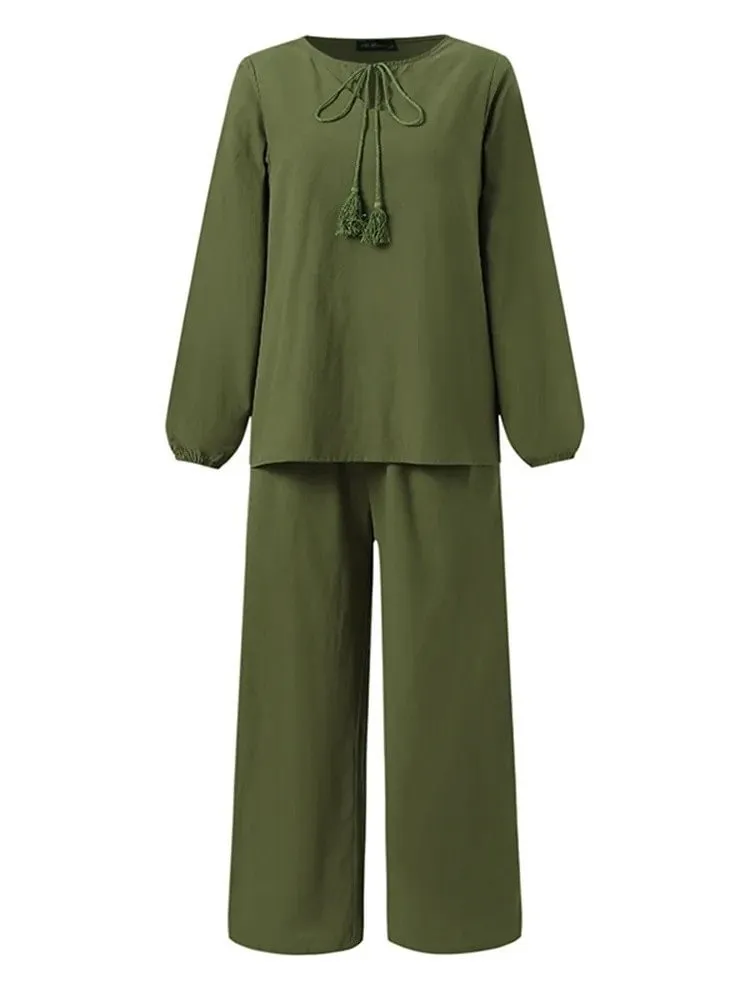 CHICMY- Cotton Linen 2-piece Set Casual Loose Elastic Waist Pants Trousers Sports Pants