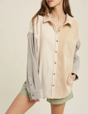 colorblock corduroy shacket - taupe combo