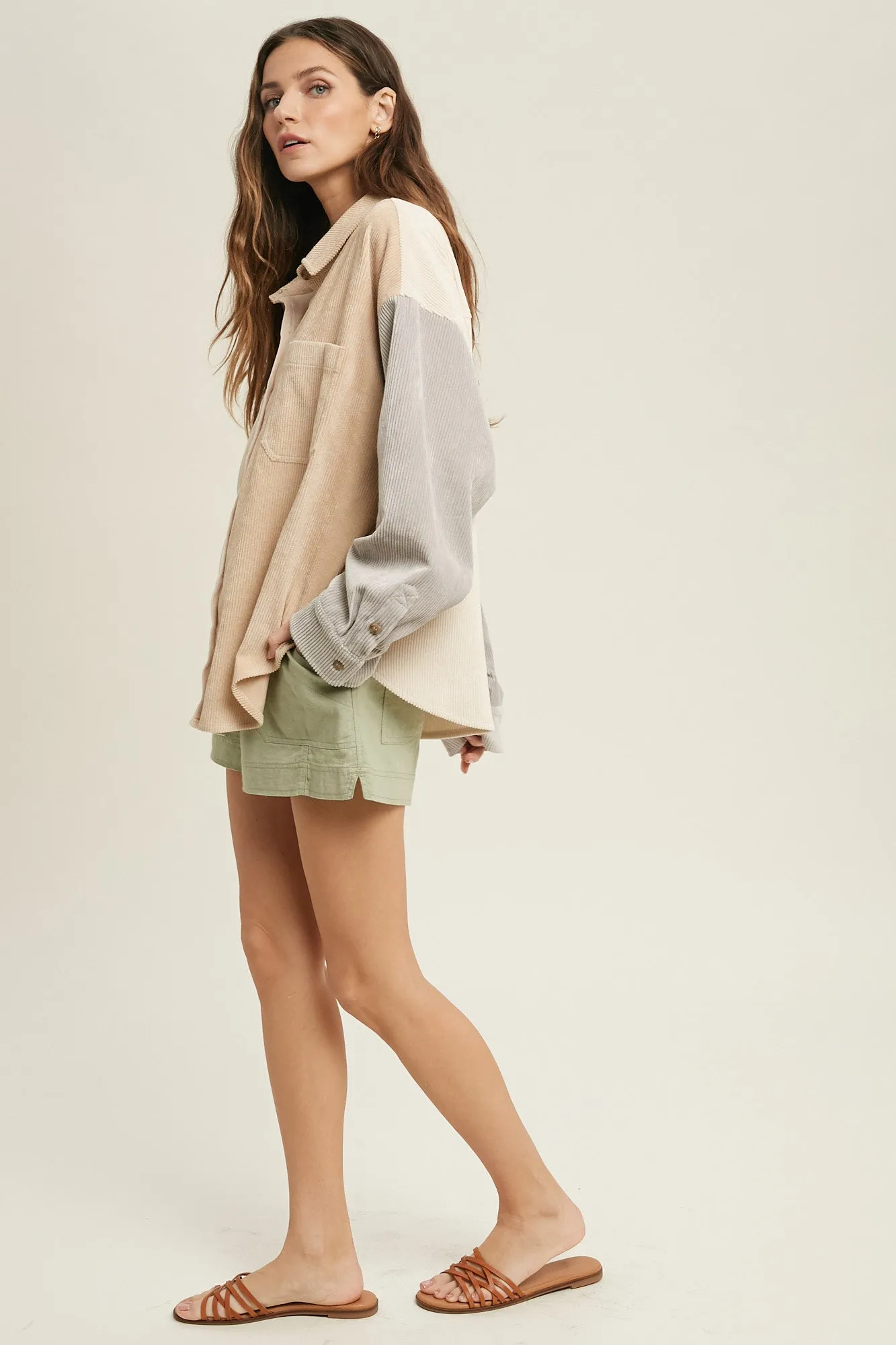 colorblock corduroy shacket - taupe combo