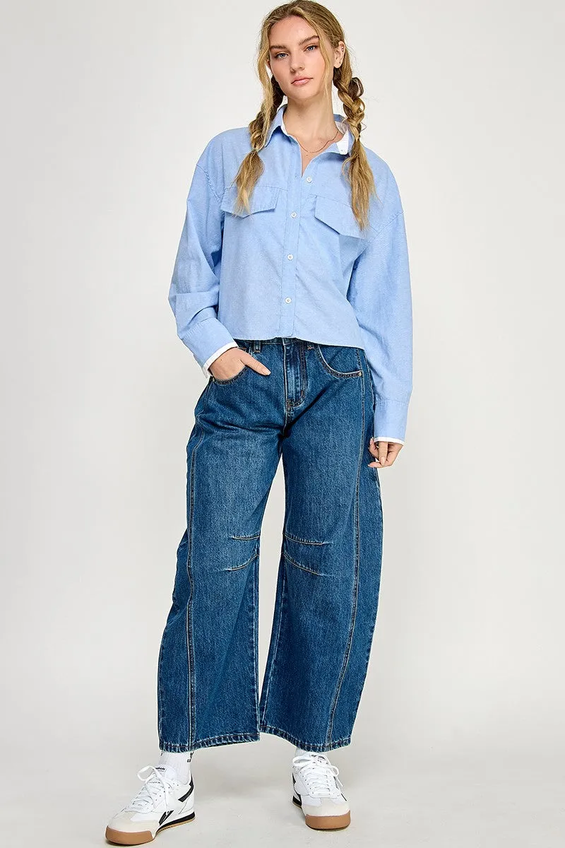 Contrast Detail Crop Oxford Shirt