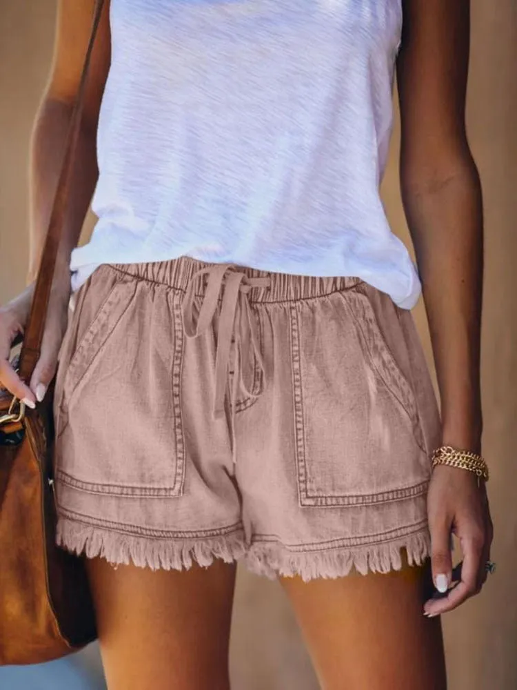 Cotton Denim Drawstring Elastic High Waste Shorts