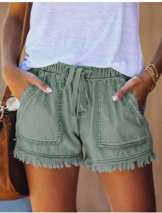 Cotton Denim Drawstring Elastic High Waste Shorts