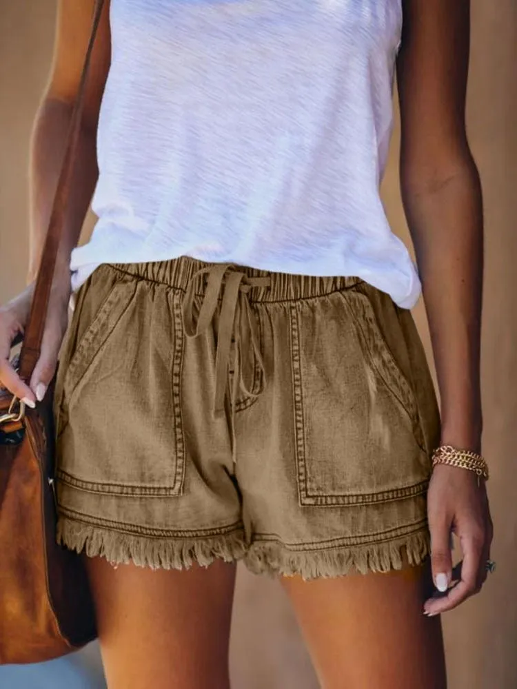 Cotton Denim Drawstring Elastic High Waste Shorts