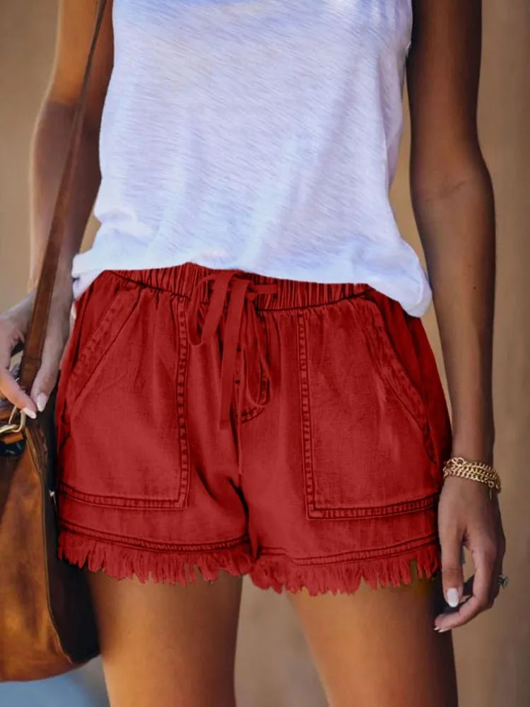 Cotton Denim Drawstring Elastic High Waste Shorts