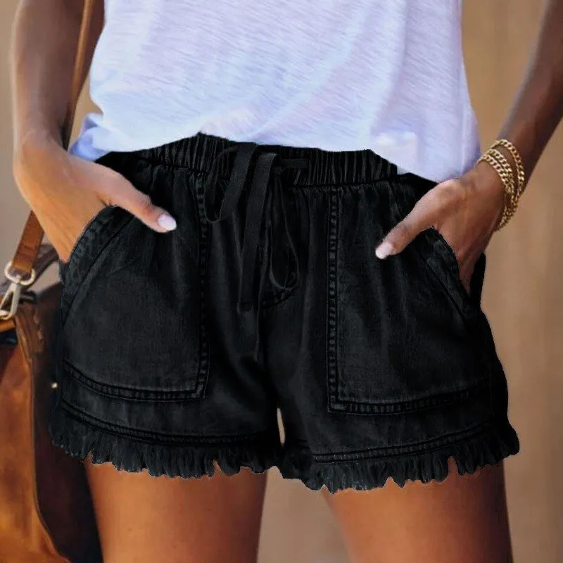Cotton Denim Drawstring Elastic High Waste Shorts