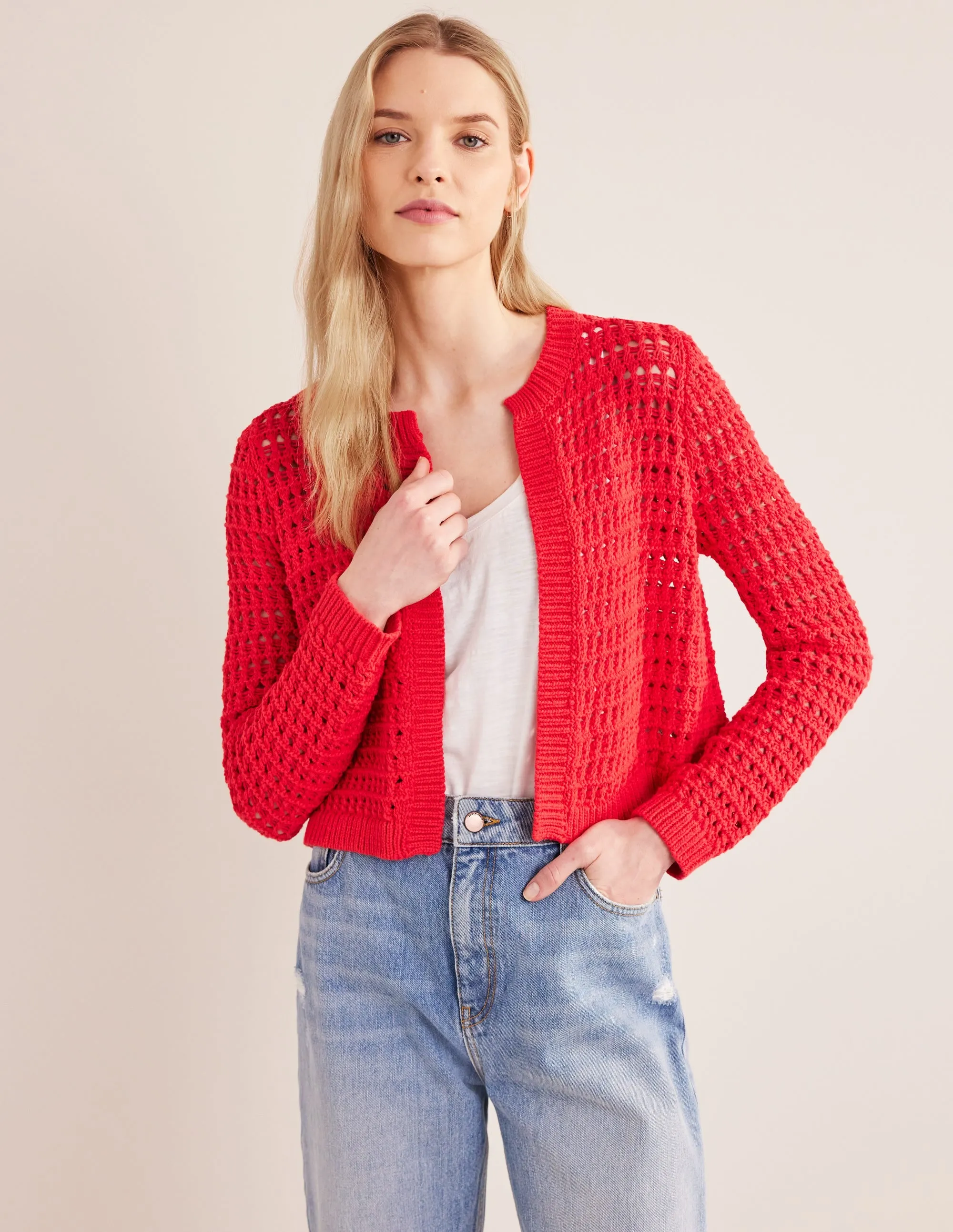 Cropped Crochet Cardigan-High Risk Red