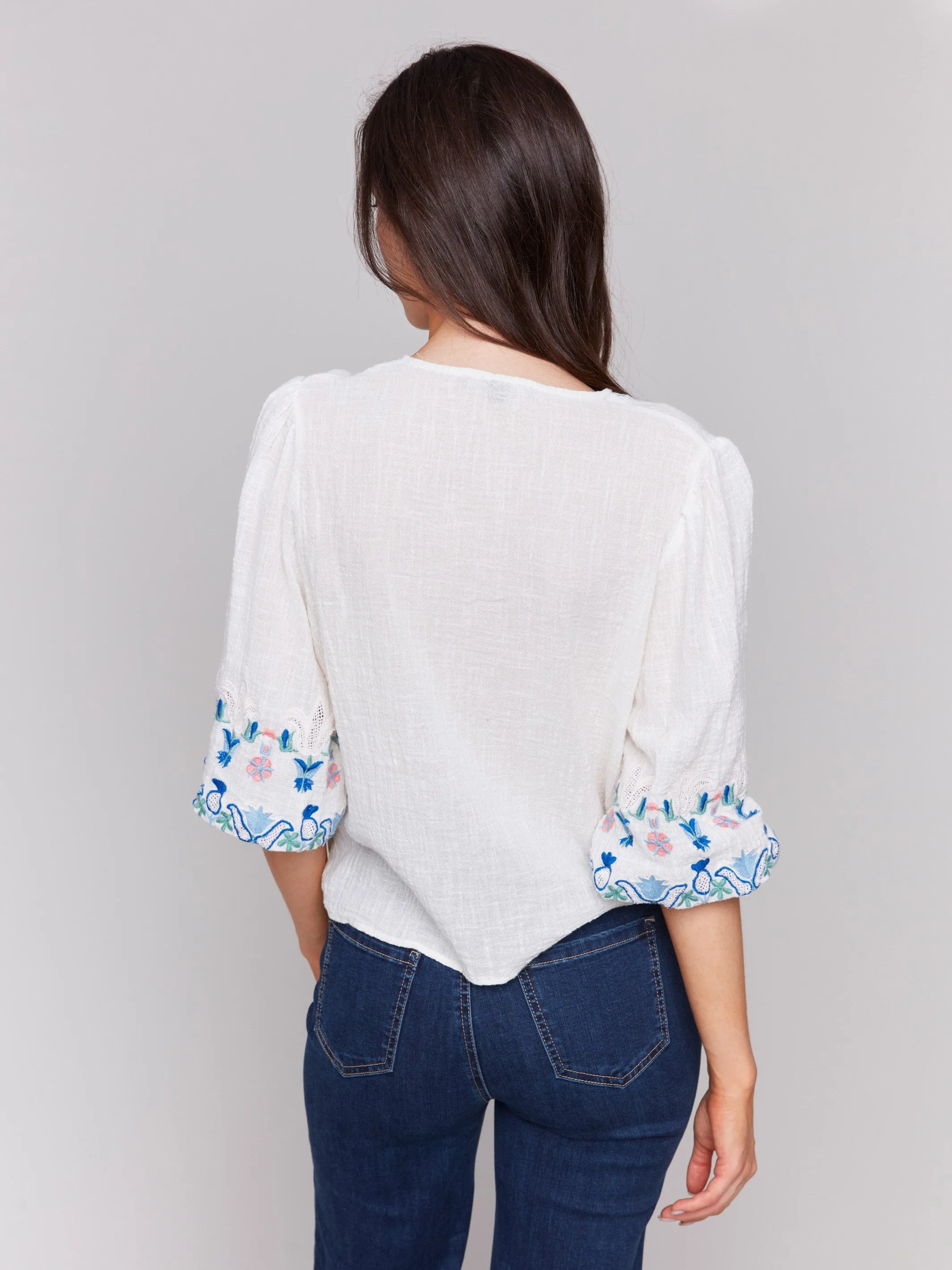 Embroidered 3/4 Sleeve Cotton Blouse with Front Tie - White
