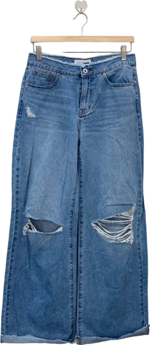 Fashion Nova Blue Distressed Wide Leg Jeans UK W24-25