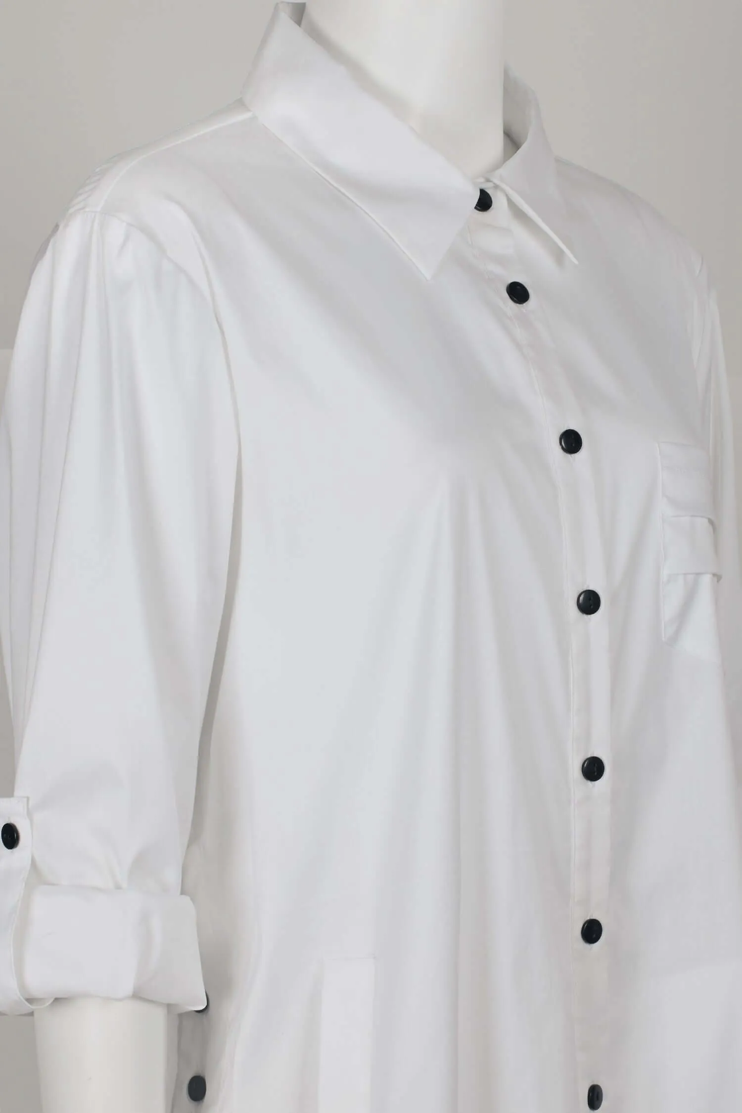 Flair Collared Button-Down Button Side 2 Way Sleeve Pockets Solid Cotton Blend Shirt