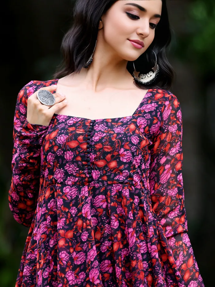 Floral Elegance Georgette Square Neck Dress