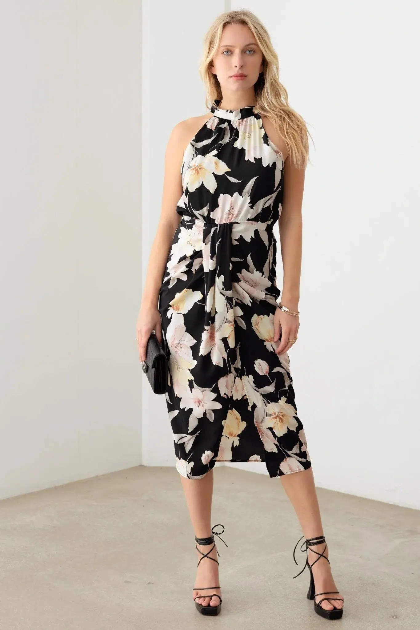 Floral Sleeveless Halter Neck Front Shirring Midi Dress