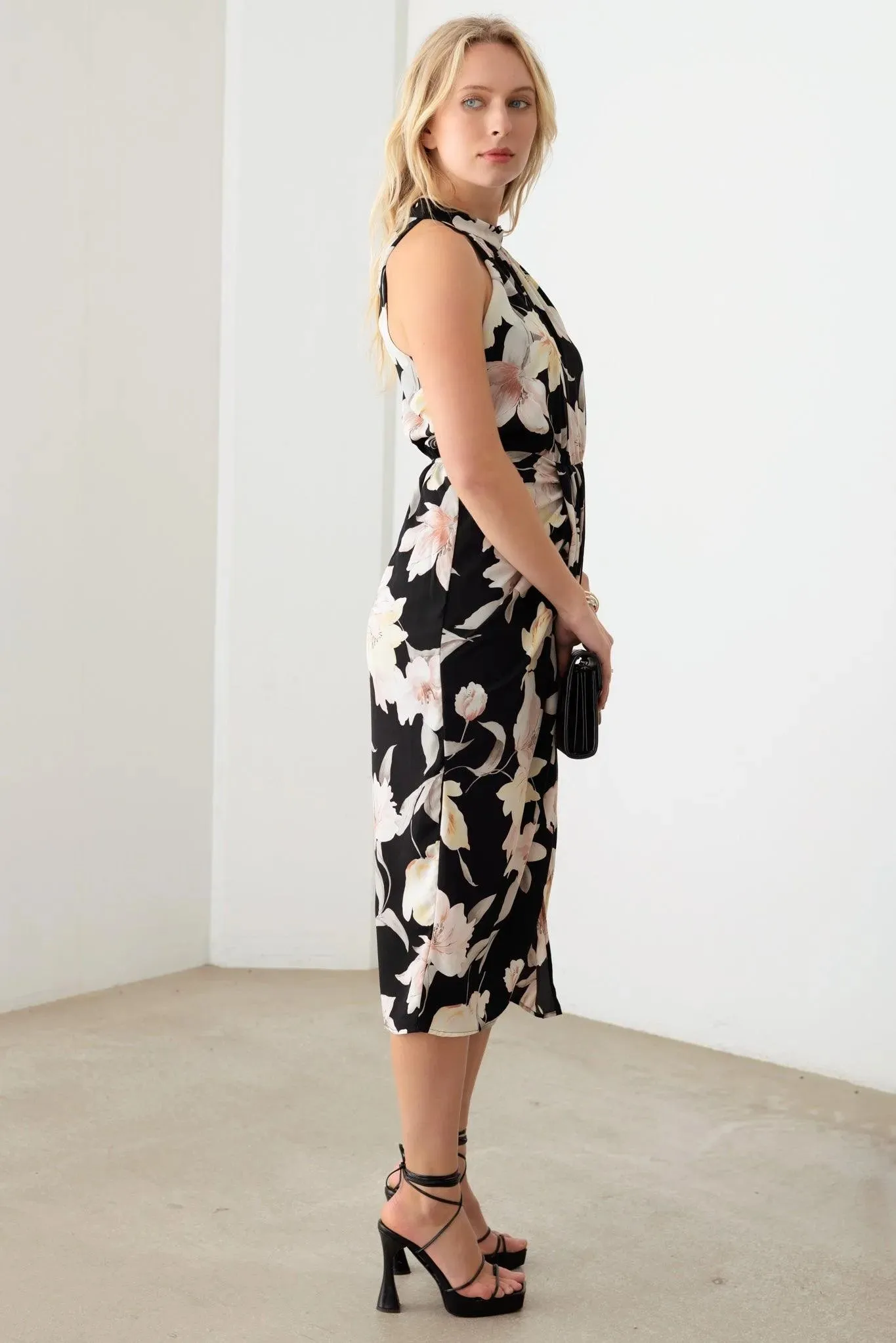 Floral Sleeveless Halter Neck Front Shirring Midi Dress