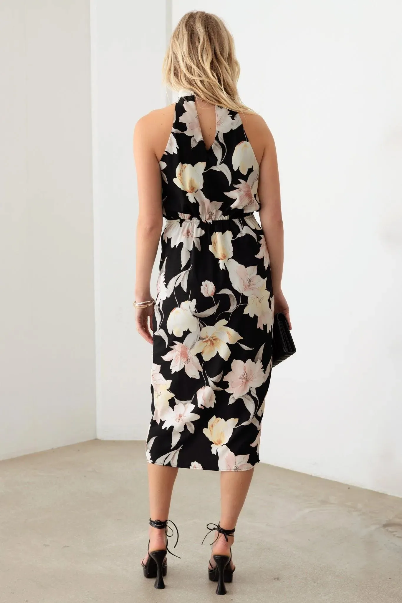 Floral Sleeveless Halter Neck Front Shirring Midi Dress