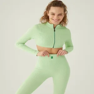 Form & Grace Contrast Zip Front Longsleeve Cropped Jacket Pistachio