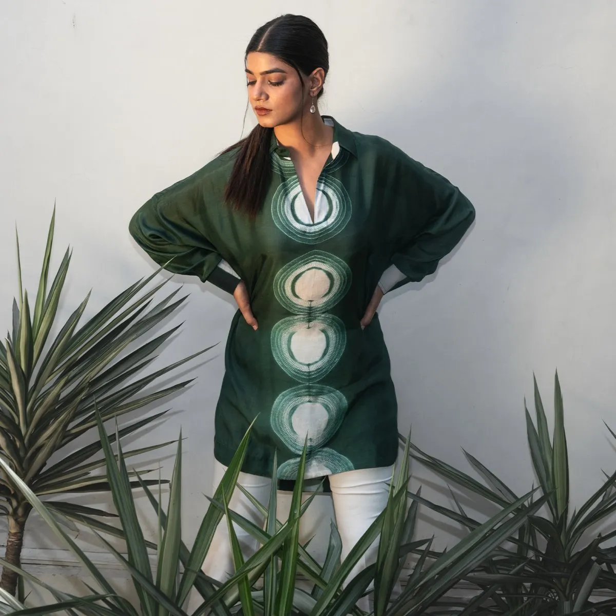 Green & Ivory Handcrafted Women's Light Silk Tunic Top