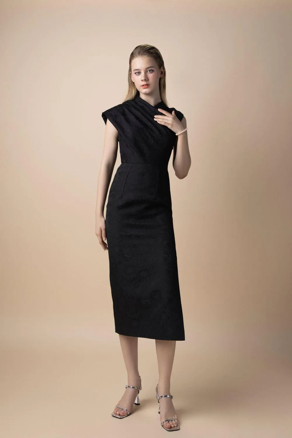 Helen Pencil Side Slit Brocade Midi Dress