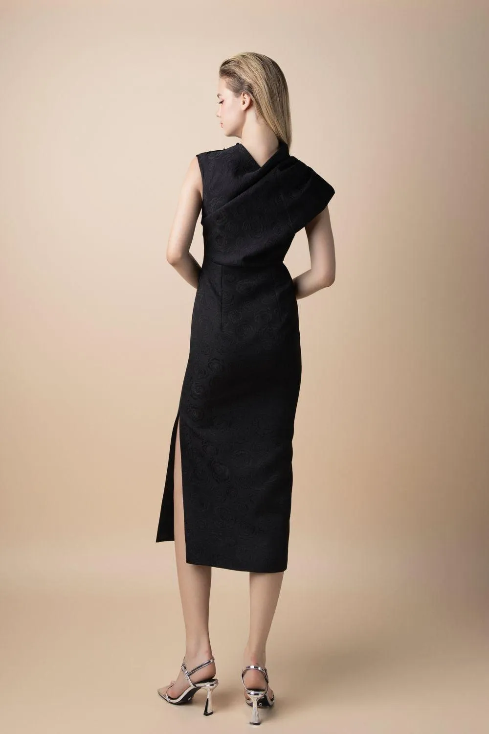Helen Pencil Side Slit Brocade Midi Dress