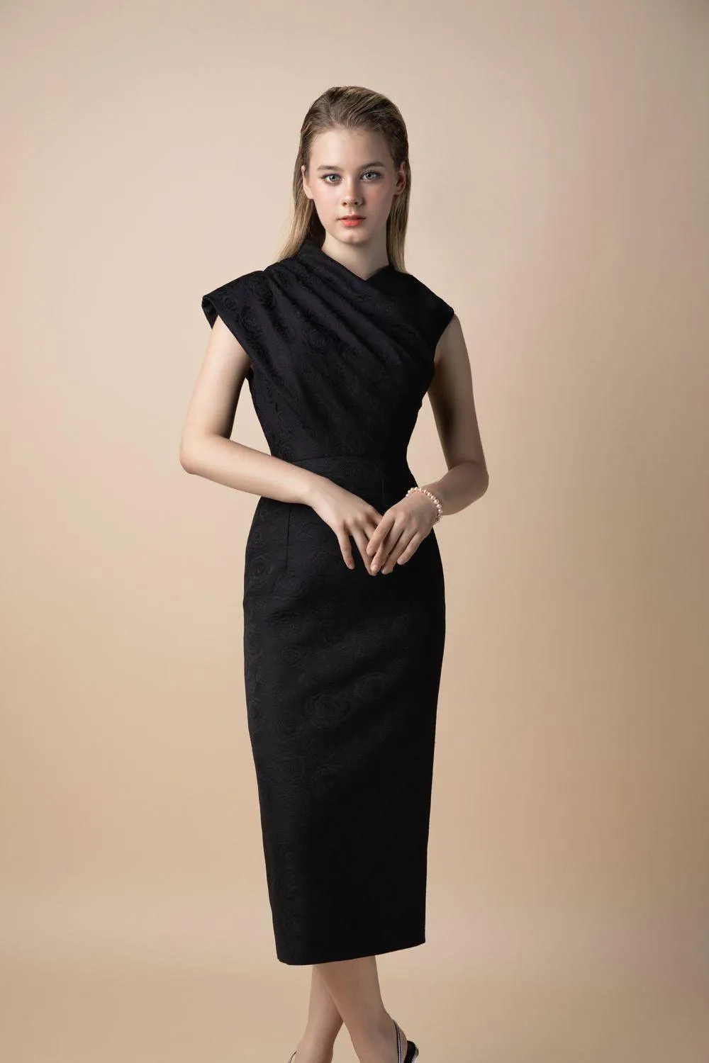 Helen Pencil Side Slit Brocade Midi Dress