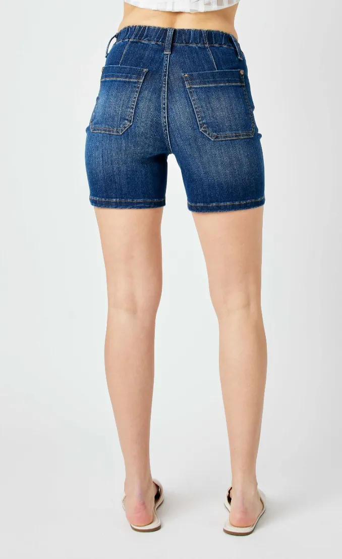 High Waist Elastic Waist Mid - Length Shorts - DK