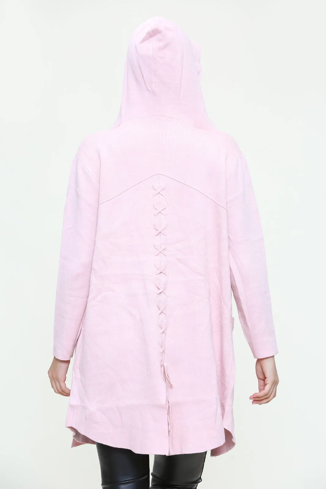 Italian Plait Back Hooded Open Front Long Cardigan