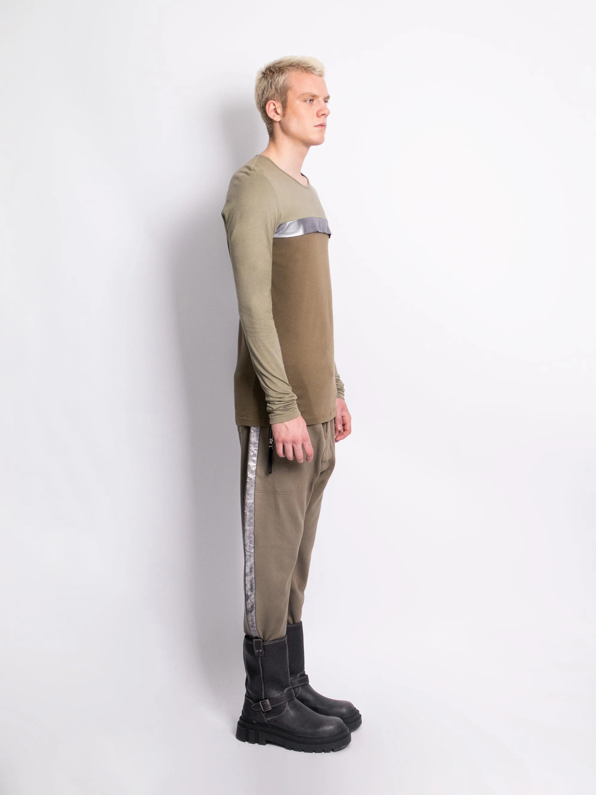Khaki Green Jogger Trousers With Silver Foil Side Stripes