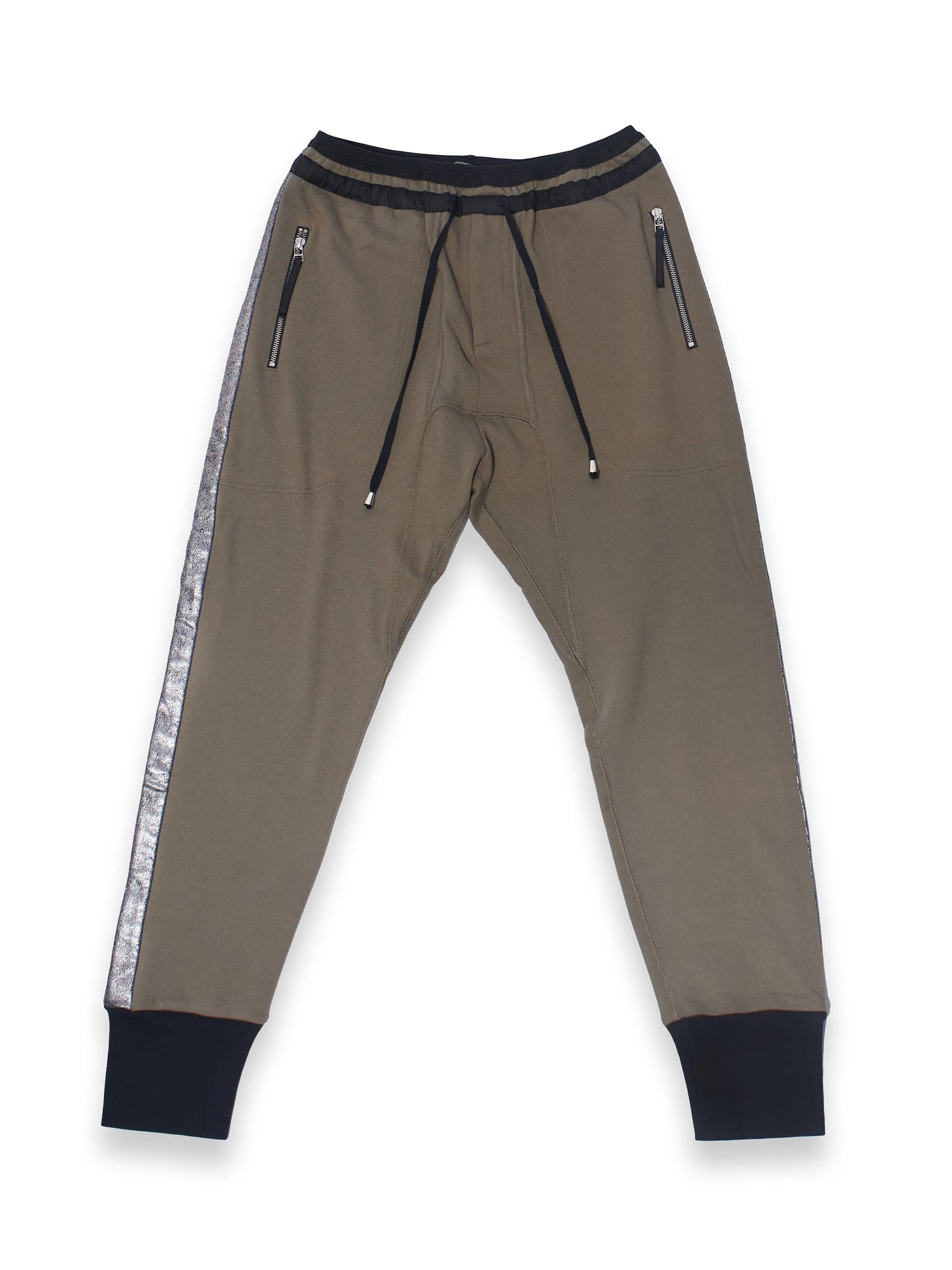 Khaki Green Jogger Trousers With Silver Foil Side Stripes