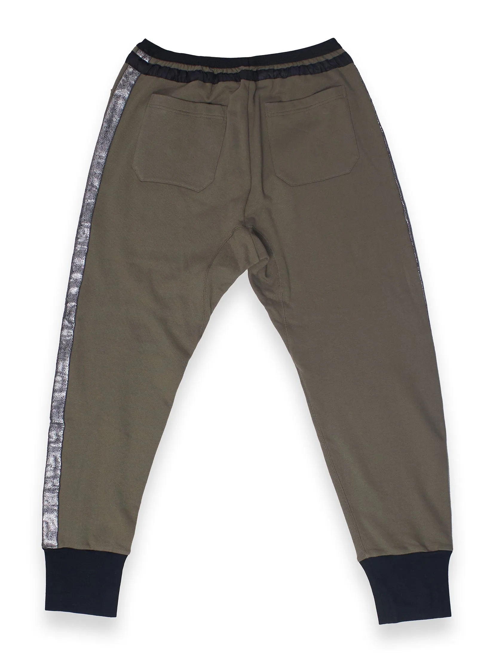 Khaki Green Jogger Trousers With Silver Foil Side Stripes