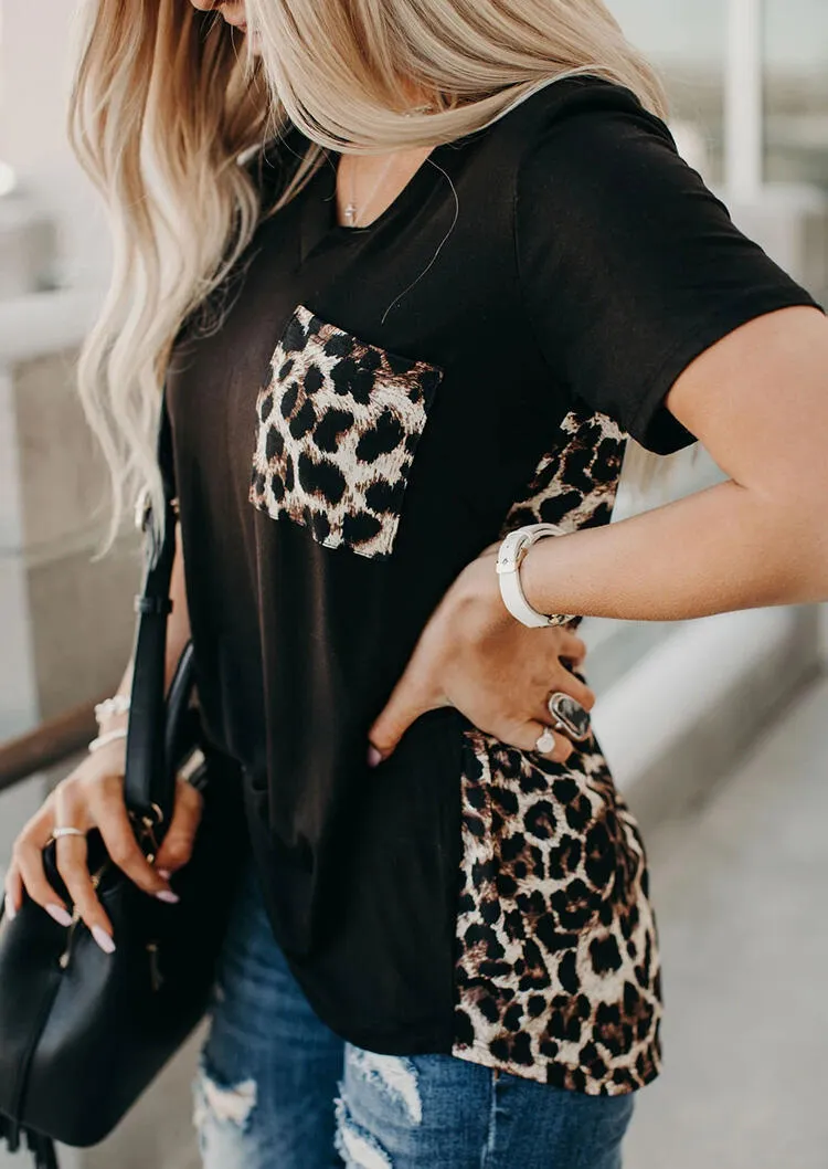 Leopard Print V Neck Loose Women T Shirt