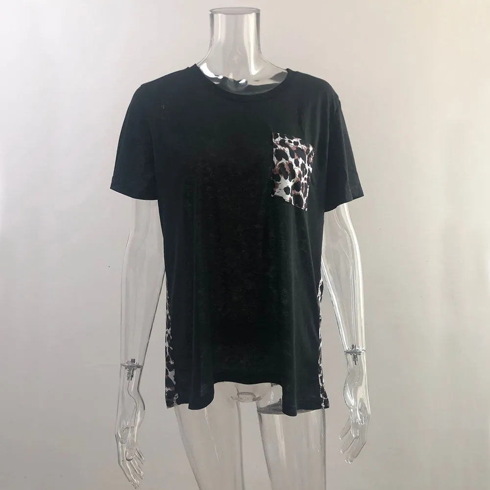 Leopard Print V Neck Loose Women T Shirt
