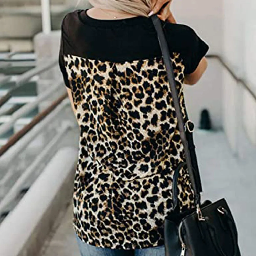 Leopard Print V Neck Loose Women T Shirt