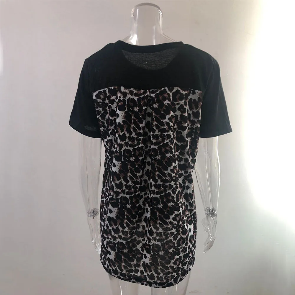 Leopard Print V Neck Loose Women T Shirt