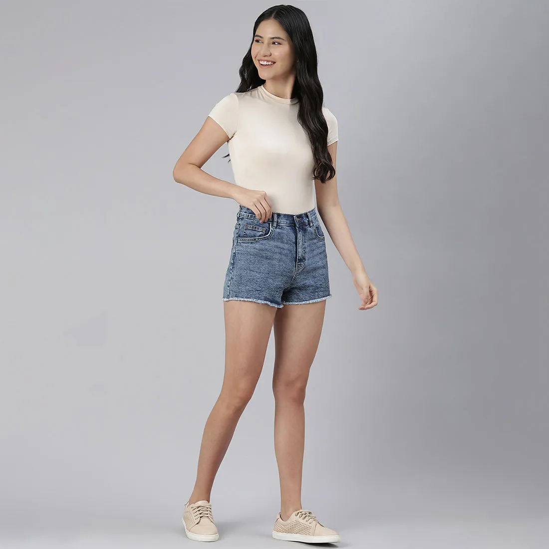 Light Blue High Waist Raw Hem Shorts