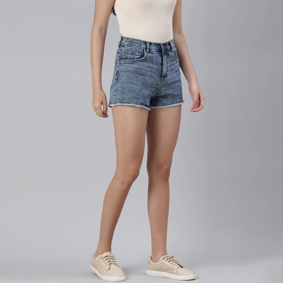 Light Blue High Waist Raw Hem Shorts