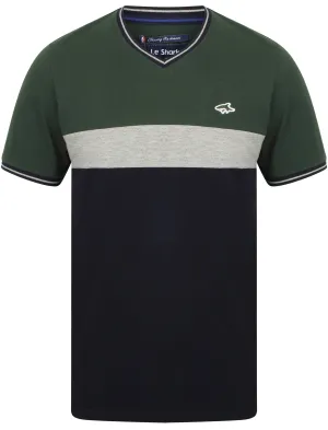 Maddams Colour Block V Neck Cotton T-Shirt In Green - Le Shark