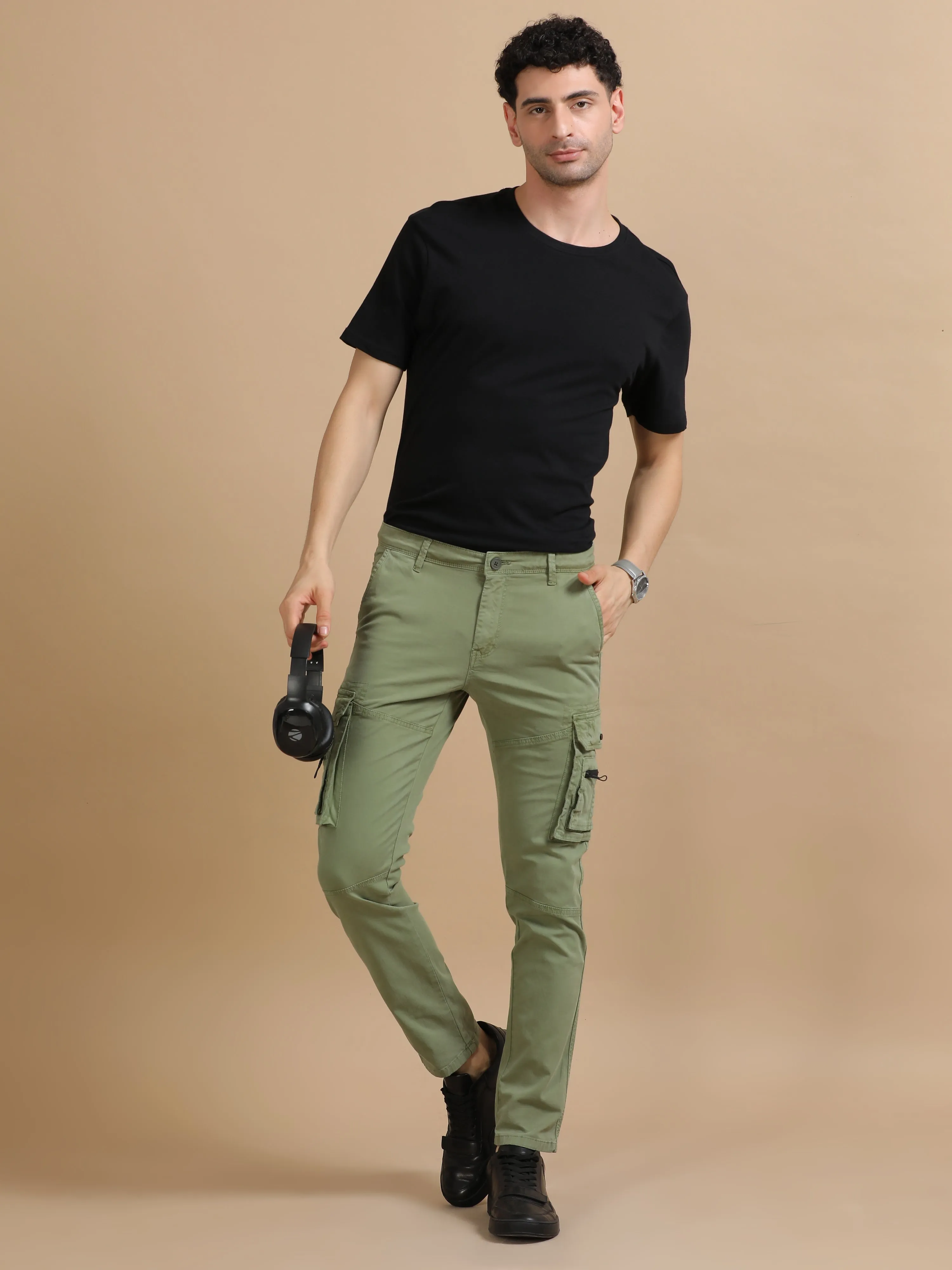 Men Olive Narrow Fit Solid Casual Jogger Pants