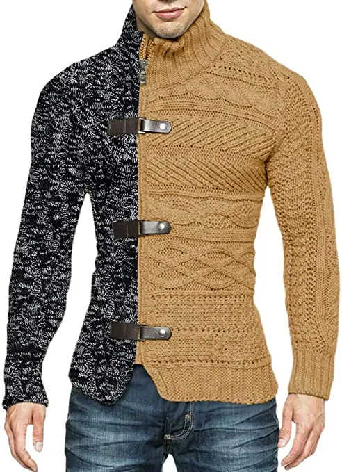Men's Black/Grey High Collar Buckle Long Sleeve Color Block Sweater