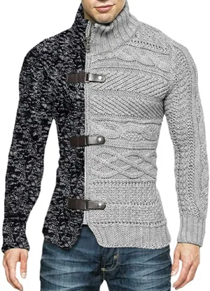 Men's Black/Grey High Collar Buckle Long Sleeve Color Block Sweater