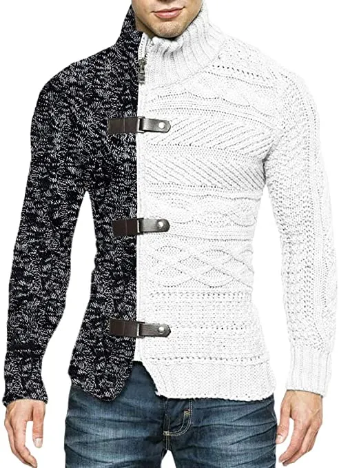 Men's Black/Grey High Collar Buckle Long Sleeve Color Block Sweater