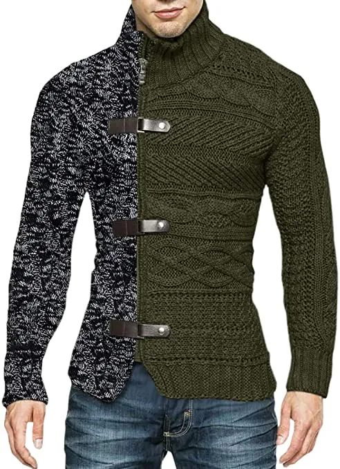 Men's Black/Grey High Collar Buckle Long Sleeve Color Block Sweater
