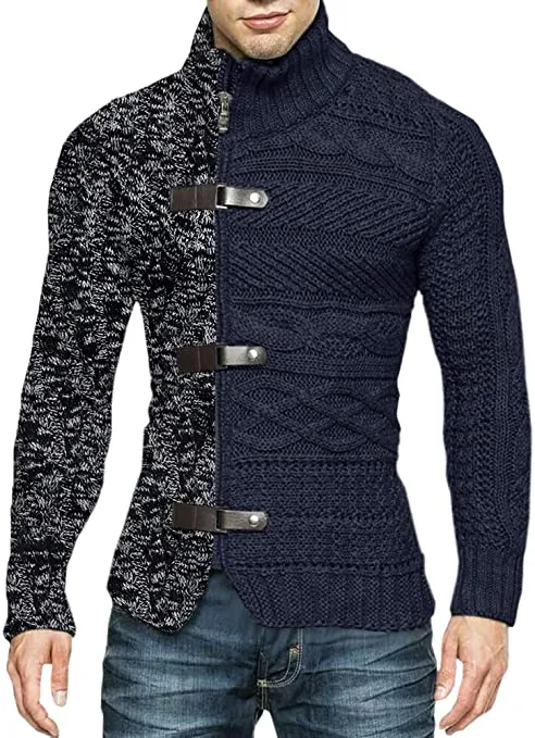 Men's Black/Grey High Collar Buckle Long Sleeve Color Block Sweater