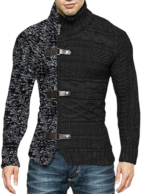 Men's Black/Grey High Collar Buckle Long Sleeve Color Block Sweater